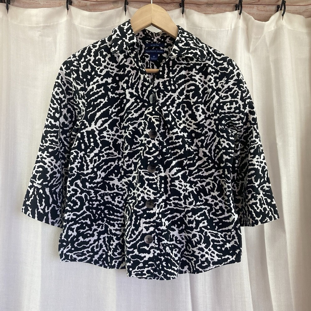 Westbound Top SZ 6P Wrinkle Free Black and White 3/4 Sleeves 100% Cotton Collar